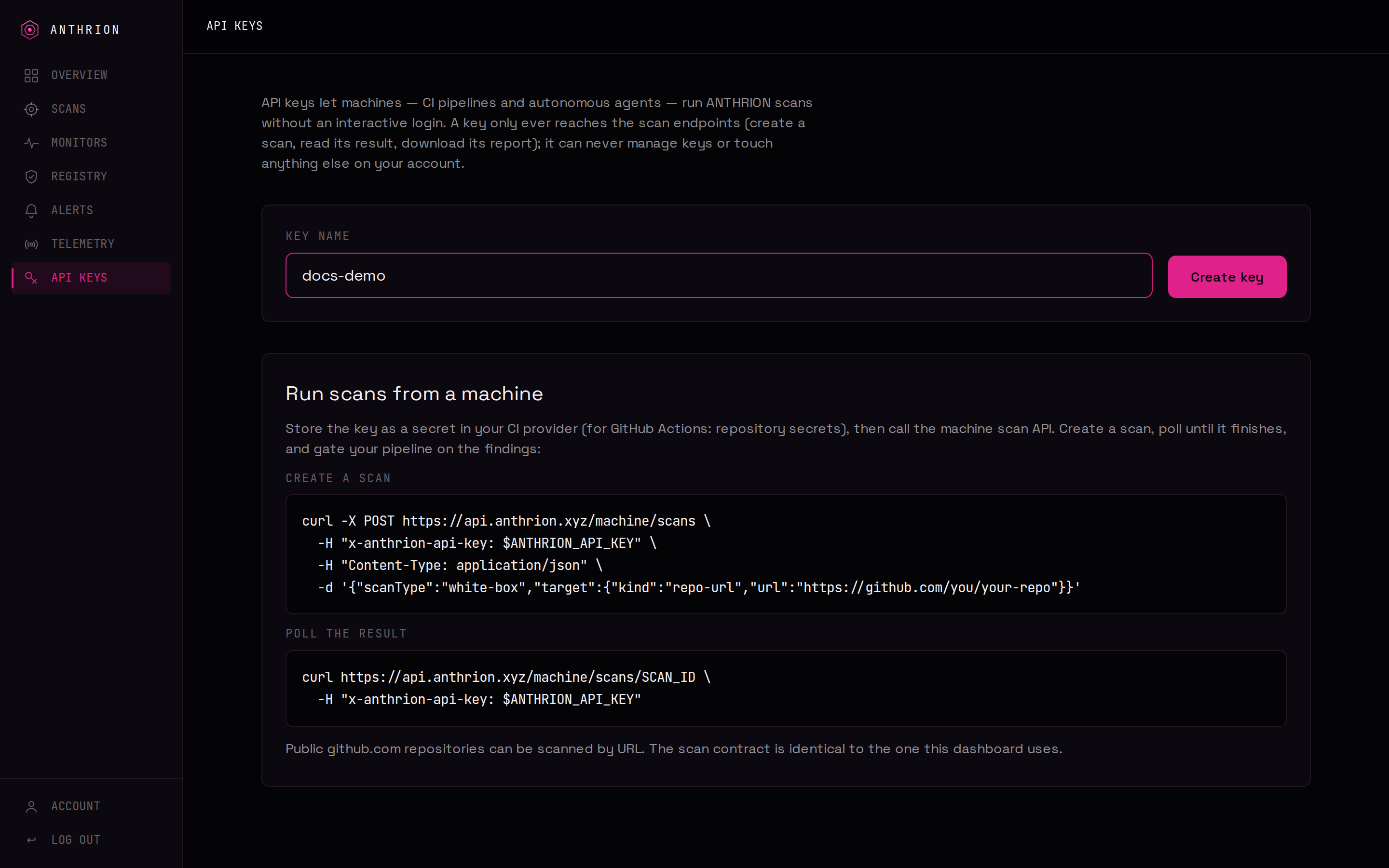 The API Keys page in the dashboard: a form to create a named key, and a 'Run scans from a machine' panel with copy-paste curl snippets that send the x-fortiai-api-key header.