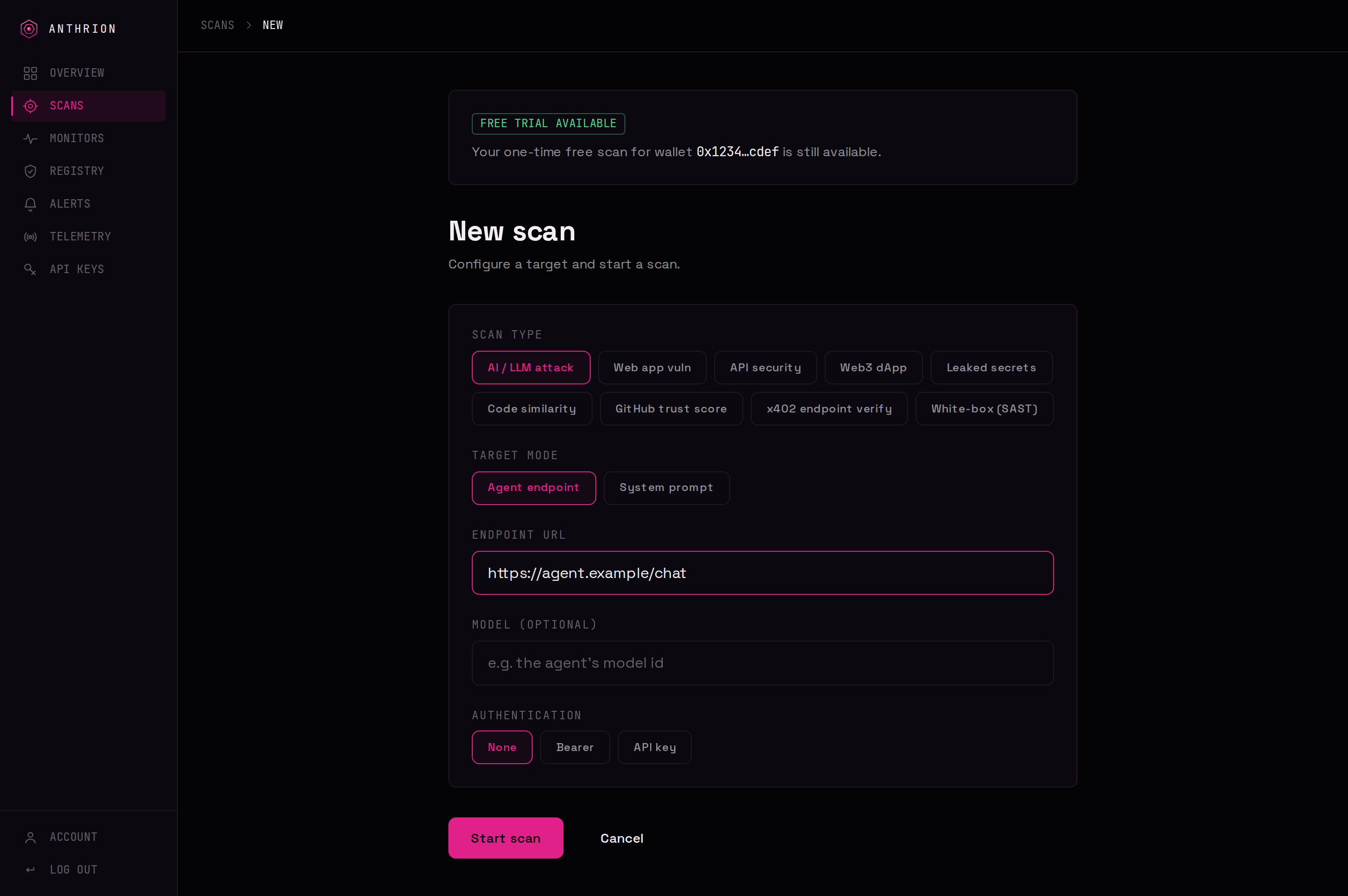 The New scan form with the scan-type picker showing nine options and the AI / LLM attack target fields.
