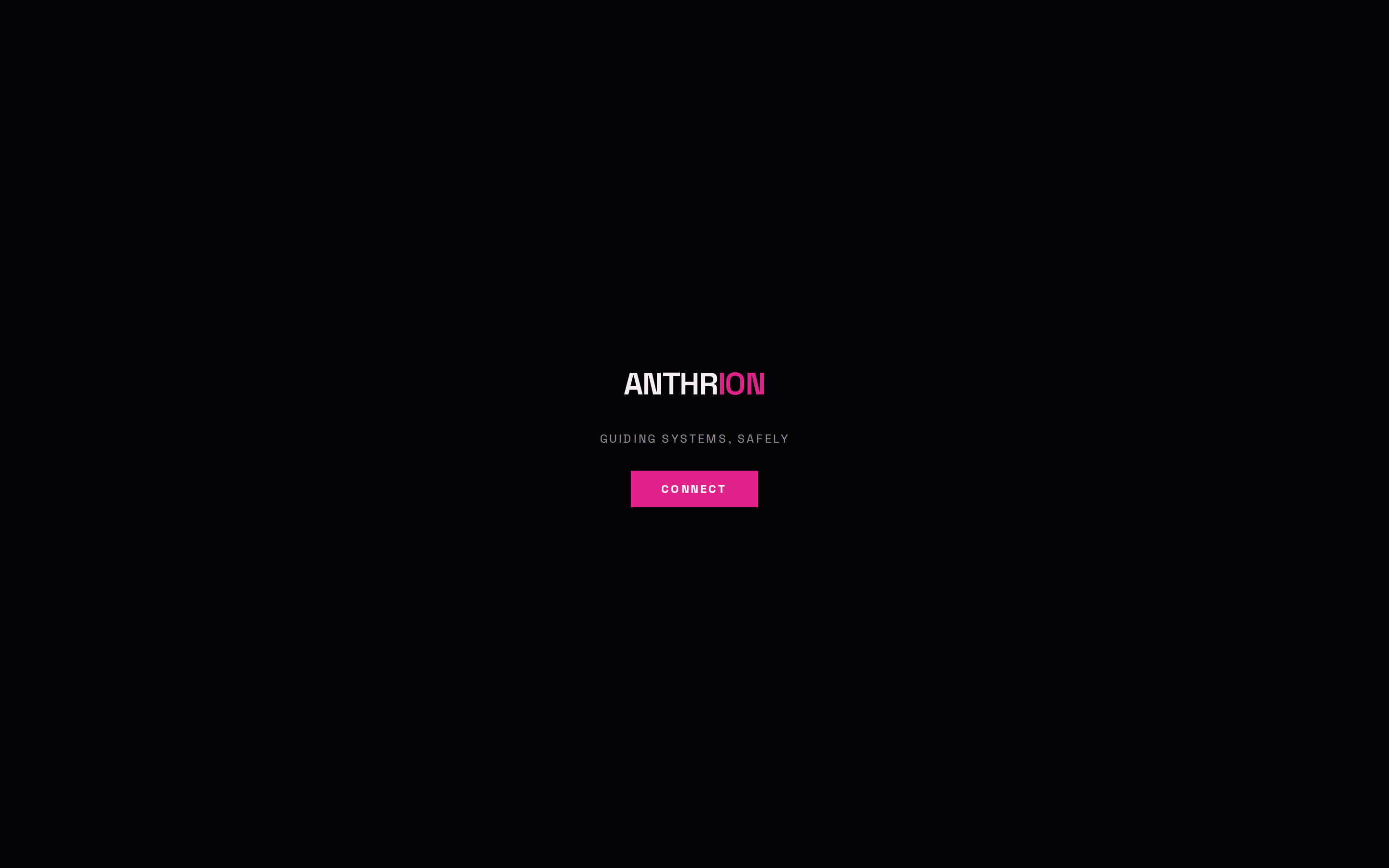 The ANTHRION app sign-in screen: the ANTHRION wordmark above a single magenta CONNECT button.